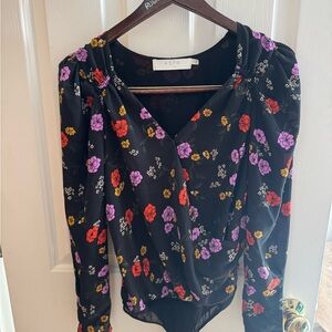 ASTR Black Blouse with Red and Purple Floral Design
